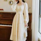 Puff-sleeve Fringed Lace-up A-line Dress
