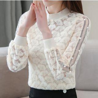 Contrast-trim Mock Neck Lace Blouse