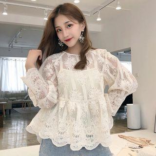 Set: Long-sleeve Organza Top + Sleeveless Top Off-white - One Size