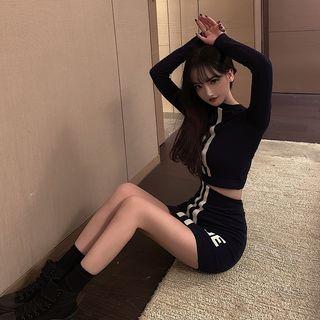 Striped Long-sleeve Crop Top / High Waist Pencil Skirt