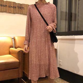 Long-sleeve Floral Print Frill Collar Midi Dress As Shown In Figure - One Size