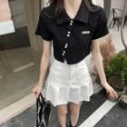 Short-sleeve Slit Top / Plain A-line Pleated Mini Skirt