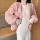 Plain Long-sleeve Knit Dress / Fleece Jacket