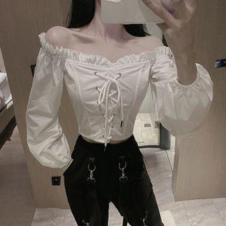 Off-shoulder Lace Up Cropped Blouse / Cropped Harem Pants / Grommet Belt / Set