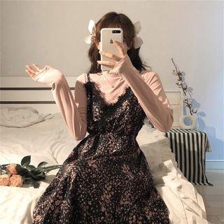 Spaghetti Strap Floral Midi A-line Dress / Mock-neck T-shirt