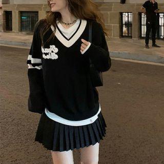 V-neck Embroidered Knit Sweater