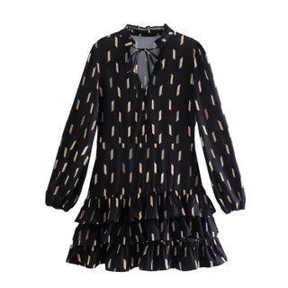 Long-sleeve Geometric Print Frill Trim Mini A-line Dress