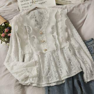 Ruffled-trim V-neck Lace Blouse