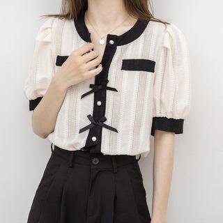 Short-sleeve Two Tone Button-up Blouse Off-white - One Size