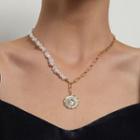 Embossed Disc Pendant Faux Pearl Necklace