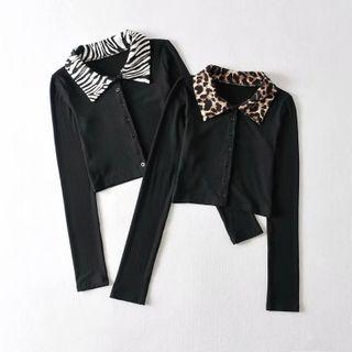 Print Collar Panel Cropped Cardigan