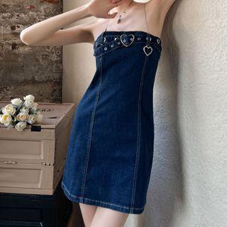 Spaghetti Strap Buckled Denim Mini Sheath Dress