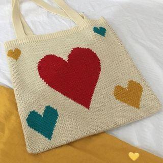 Heart Print Knit Shopper Bag As Shown In Figure - One Size