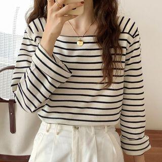 Square-neck Long-sleeve Striped T-shirt