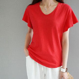 Flutter-sleeve U-neck T-shirt