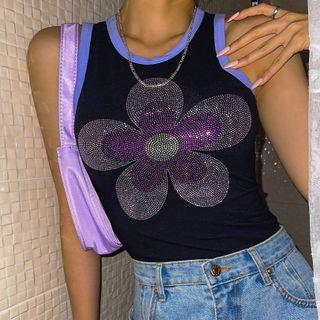Rhinestone-floral Piped Tank Top