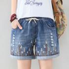 Drawstring Small Cat Embroidered Denim Shorts