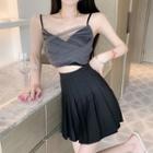 Spaghetti Strap Mesh Overlay Top / High-waist Pleated A-line Mini Skirt