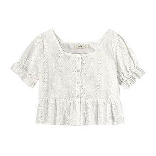 Short-sleeve Square Neck Eyelet Blouse