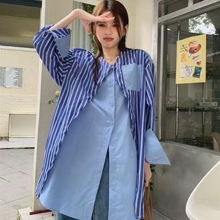 V-neck Striped Mock Two Piece Oversize Shirt Blue - One Size