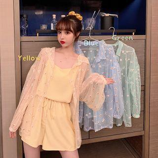 Flower Embroidered Hooded Light Jacket / Plain Camisole / Shorts / Set