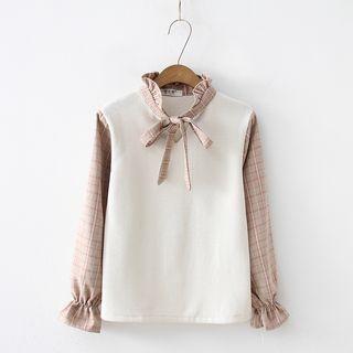 Mock Two-piece Lettuce Edge Plaid Blouse