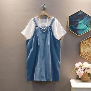 Set : Short-sleeve Plain T-shirt + Plain Drawstring Jumper Skirt