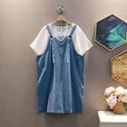 Set : Short-sleeve Plain T-shirt + Plain Drawstring Jumper Skirt