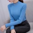 Mock-neck Letter Embroidered Rib Knit Top