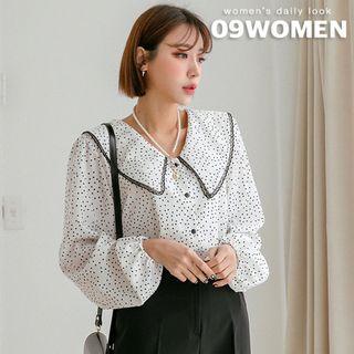 Plus Size Lace-trim Puritan-collar Dotted Blouse