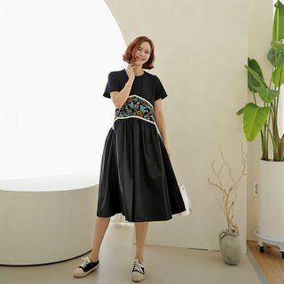 Flower-panel Shirred Midi Dress
