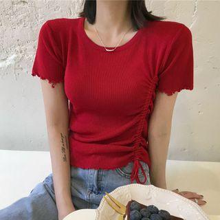 Short-sleeve Frill Trim Drawstring Knit Top