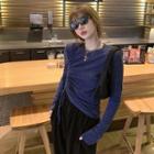Long-sleeve Leopard Print Drawstring T-shirt Blue - One Size