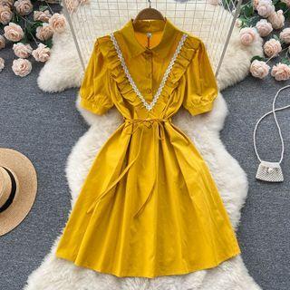 Short-sleeve Collar Frill Trim A-line Dress