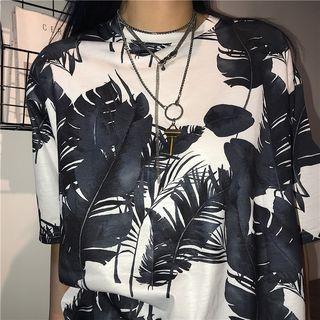 Elbow-sleeve Tropical Print T-shirt