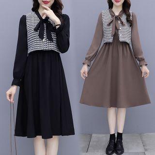 Set Of 2 Retro Long-sleeve Dress + Houndstooth Vest Jacket