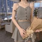 Set: Buttoned Check Camisole Top + A-line Skirt