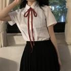 Short-sleeve Shirt / Bow Tie / Pleated Mini A-line Skirt / Set