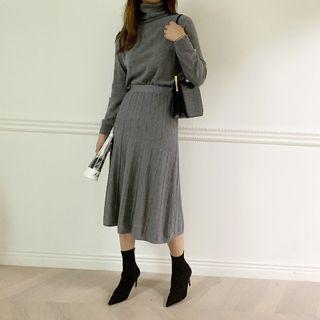 Flared Long Cable-knit Skirt Gray - One Size