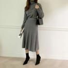 Flared Long Cable-knit Skirt Gray - One Size