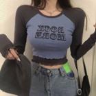 Long-sleeve Color-block Print Cropped Top Blue - One Size