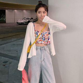 Plain Cardigan / Floral Print Crop Top / Washed Wide-leg Jeans