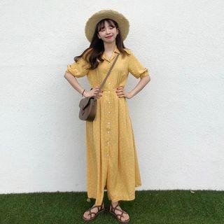 Elbow-sleeve Dotted Maxi Dress