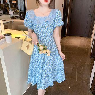 Puff Sleeve Square Neck Ruffled Floral Midi A-line Dress