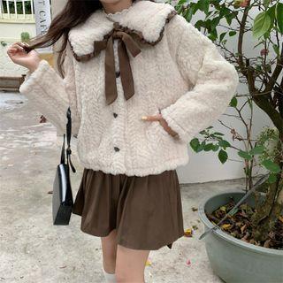 Contrast Trim Collar Bow Fleece Jacket