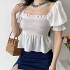 Short-sleeve Puff-sleeve Square-neck Ruched Top