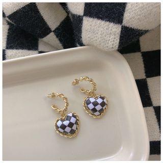 Heart Checker Alloy Dangle Earring 1 Pair - Silver Needle - Checker - Black & White - One Size