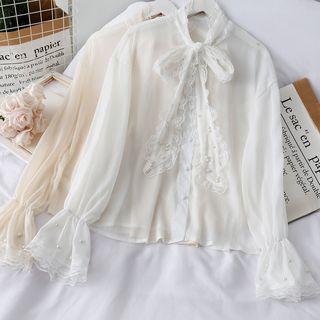 Ribbon-neckline Lace-trim Chiffon Shirt