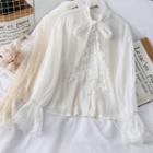 Ribbon-neckline Lace-trim Chiffon Shirt