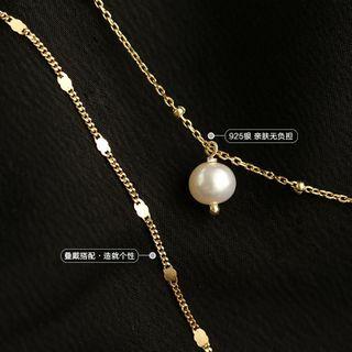 925 Sterling Silver Faux Pearl Pendant Layered Choker Necklace